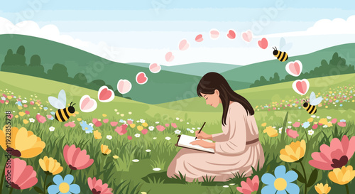 Young woman writing in a beautiful flower field with bees.