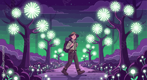 Adventurer walking through a magical glowing forest path.