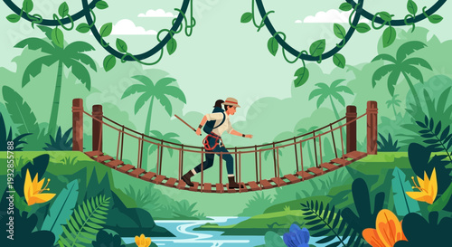 Adventurous woman crossing a rope bridge in a jungle.