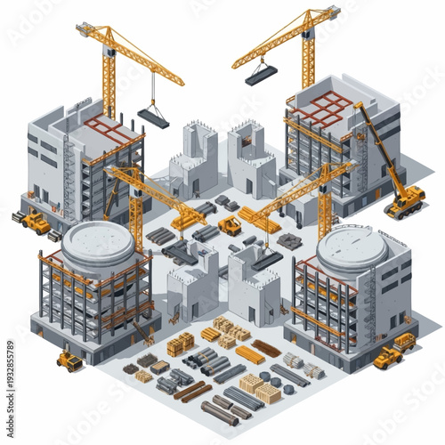 Isometric Construction Site with Cranes and Building Materials.