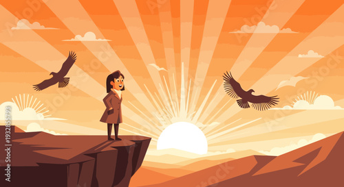 Young woman standing on cliff edge watching eagles soar.