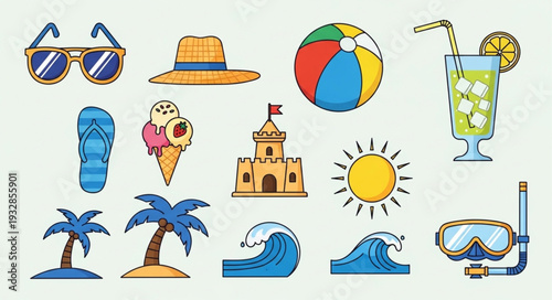 Summer vacation essentials - sunglasses, hat, beach ball, drink, and more.