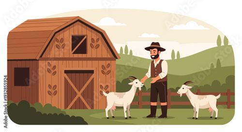 Farmer feeding goats near barn.