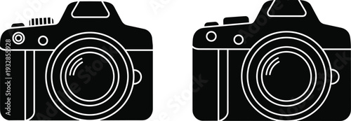 Professional DSLR and mirrorless digital camera vector icons set isolated on white background for photography equipment concepts, modern technology symbols, and creative media industry illustrations.