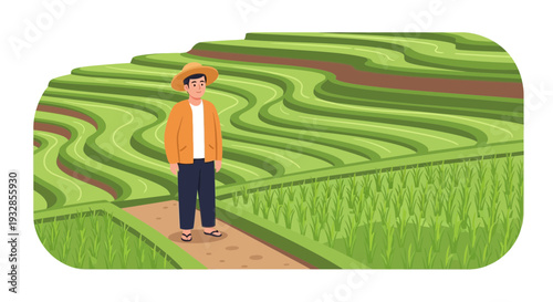 Farmer standing in lush green rice terraces wearing a hat.