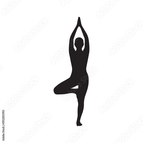 Silhouette of a person performing tree pose in yoga minimalist design with clean white background