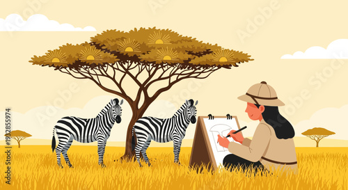 Artist sketching zebras in African savanna under acacia tree.