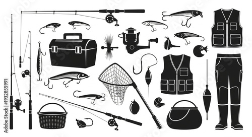 Collection of fishing equipment silhouettes, perfect for outdoor activities and angling.