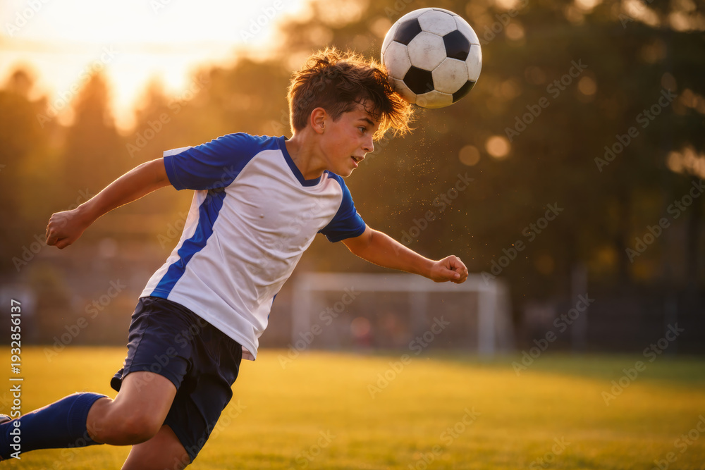 Naklejka premium Young boy heading soccer ball on the field during sunset