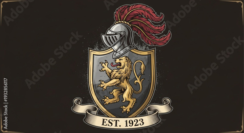 Heraldic Crest Depicting a Lion and Knights Helmet, Established in 1923.