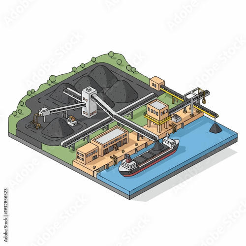 Isometric illustration of a coal port with a ship and conveyor belts.