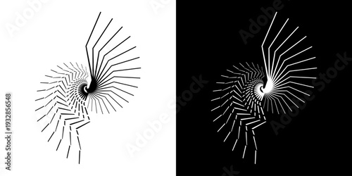	
Dynamic abstract spiral sound wave rhythm lines. Circular spiral sound wave rhythm of lines. Circular futuristic abstract lines, black and white background.