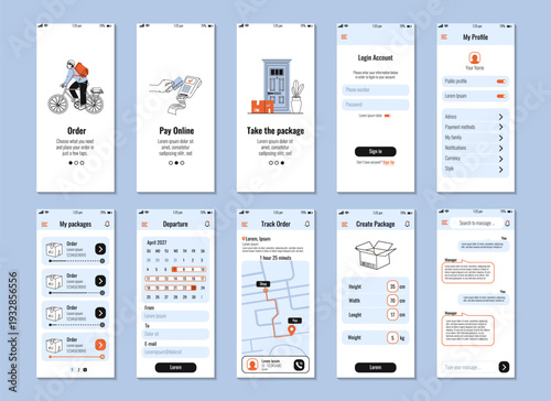 Modern Delivery Mobile App UI Kit with Tracking, Chat and Package Management. Perfect for logistics, courier service, shipping, e-commerce and transportation app design projects.