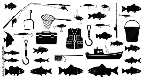 Fishing equipment and fish silhouettes, perfect for outdoor activities and angling.