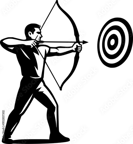 Black and white professional vector illustration of archery sport silhouette, ideal for logo, poster, branding, web, print, sports event use in media.