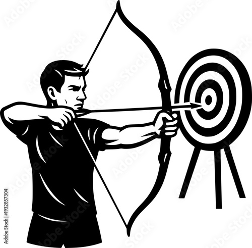 Black and white professional vector illustration of archery sport silhouette, ideal for logo, poster, branding, web, print, sports event use in media.