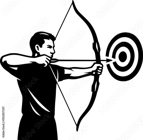 Black and white professional vector illustration of archery sport silhouette, ideal for logo, poster, branding, web, print, sports event use in media.
