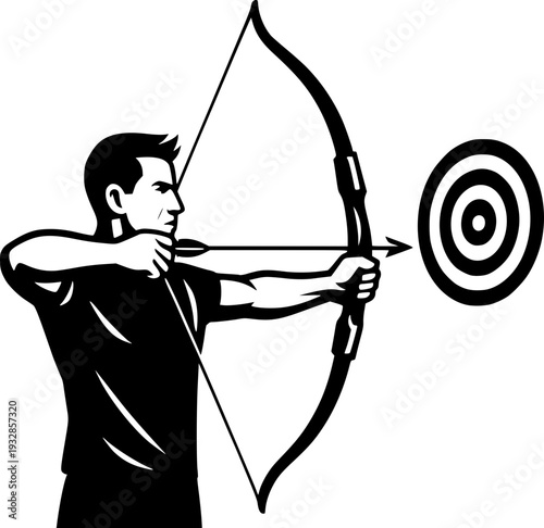 Black and white professional vector illustration of archery sport silhouette, ideal for logo, poster, branding, web, print, sports event use in media.