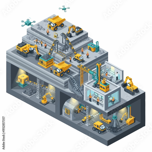 Isometric illustration of a multi-level construction site with various machinery and workers.