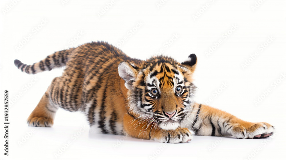 Obraz premium Crouching tiger cub in a playful pounce pose on a white background, representing wildlife conservation and nature education.