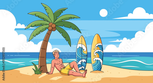 Man relaxing on beach with surfboards under palm tree.