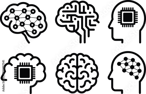 Set of Artificial Intelligence Icons Featuring Neural Networks Digital Brains and Microchips Representing Machine Learning Tech Innovation Cognitive Computing Deep Learning and Future Robotic  