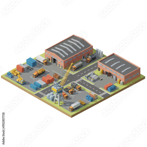 Industrial Warehouse Complex with Trucks and Containers.