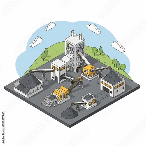 Isometric Industrial Coal Mining and Processing Plant.