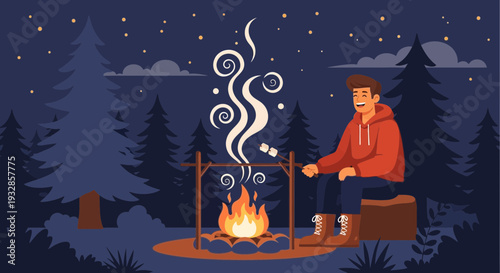 Man roasting marshmallow over campfire at night.