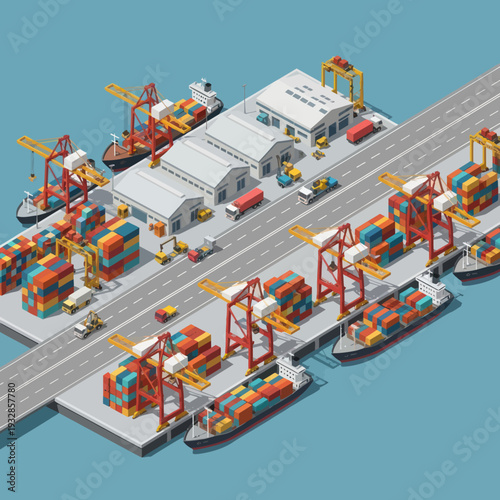 3D Isometric Container Shipping Port Terminal.