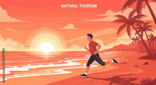 Man running on beach during sunset.