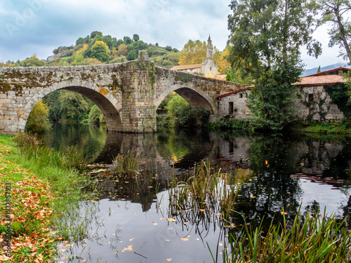 Historic 12th Century Romanesque Vilanova Bridge Crossing the Arnoia River, Allariz, Spain