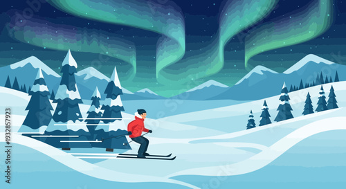 Man skiing under the aurora borealis.
