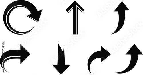 Set of black arrow icons including curved, straight, and circular directional symbols isolated on white for navigation, progress tracking, and interface design