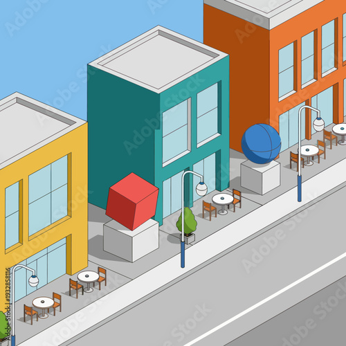 Colorful Buildings with Outdoor Seating Areas.