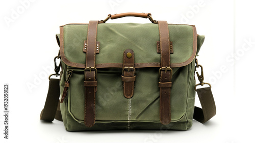 A practical green canvas messenger bag with leather straps isolated on white, ideal for business and travel technology.
