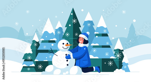 Person building a snowman in a snowy landscape.