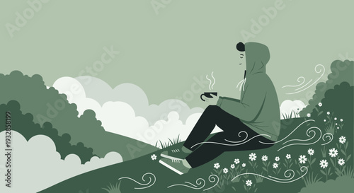 Person in hoodie holding a warm drink outdoors.