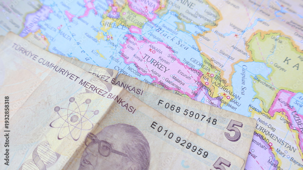Naklejka premium Turkish Lira Currency with World Map: Travel Planning