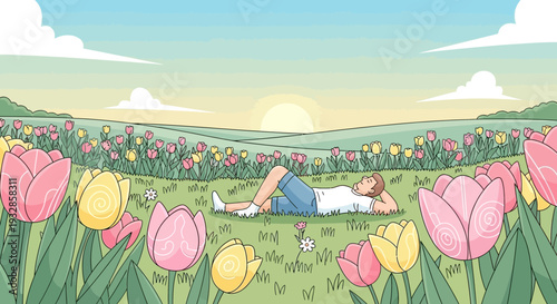 Person relaxing peacefully in a vibrant tulip field.