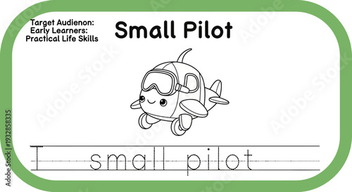 Cute cartoon airplane with goggles and smiling face, learning to fly, for early learners