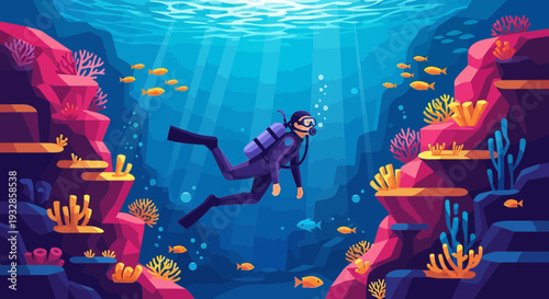 Scuba diver exploring vibrant coral reef ecosystem underwater.