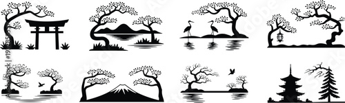 Japanese landscape silhouette set with torii gate, pagoda, cranes, Mount Fuji and bonsai trees black white illustration