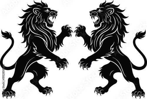 Heraldic twin roaring lions silhouette, symmetrical black rampant lion crest emblem, vintage royal coat of arms illustration isolated on white background vector style