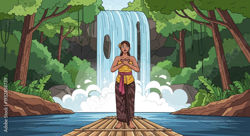 Woman in traditional attire standing peacefully by waterfall.