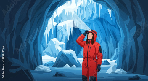 Woman in red suit exploring icy cave.
