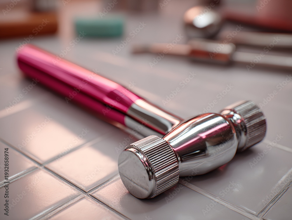Naklejka premium Pink Dental Tool: Close-Up View on Tile Surface