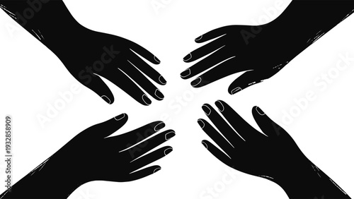 Open hands reaching toward each other silhouette set, black vector illustration isolated on white background, support, help, connection and teamwork concept design