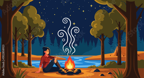 Woman sitting by campfire at night under starry sky.
