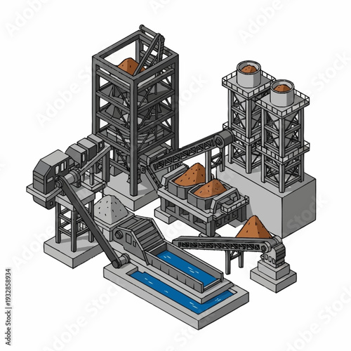 Isometric industrial mining and processing plant with conveyors and machinery.